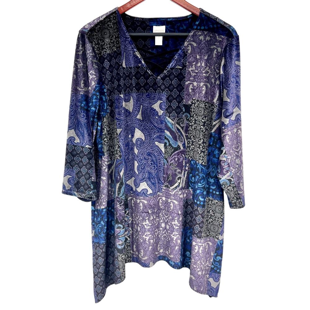 Chicos XL 3 Super Soft Velvet Blue Purple V Neck Blouse Shirt Top Mature Artsy